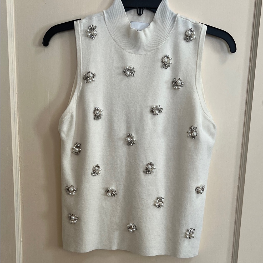 Sleeveless White Jewel-Embellished Mock Neck Top
